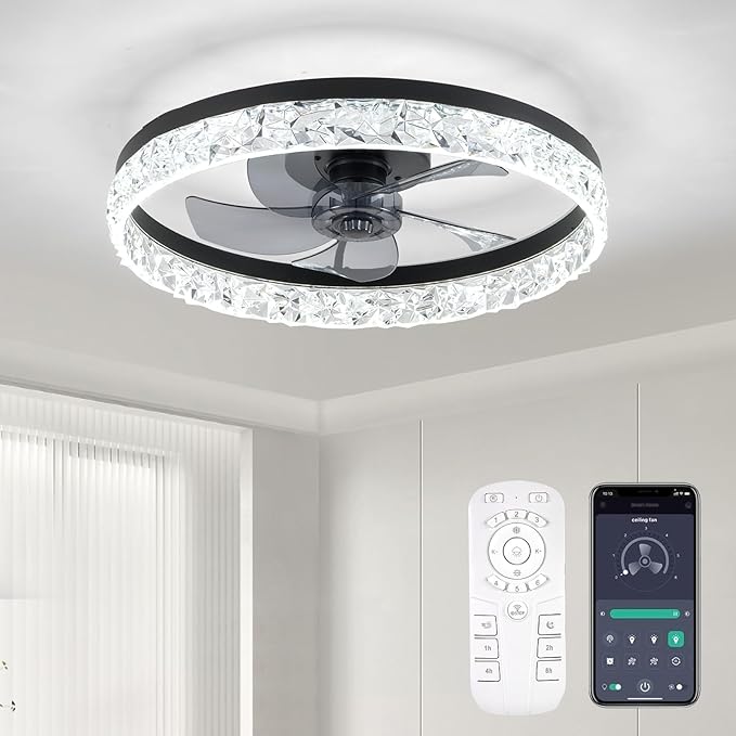 Ceiling Fans with Lights and Remote, 20 Inch Ceiling Fan with Light, Low Profile Reversible Fandelier Ceiling Fan, Dimmable LED, Flush Mount, Low Noise DC Motor, for Bedroom Kitchen Small Room