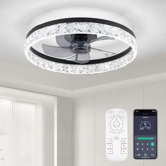 Ceiling Fans with Lights and Remote, 20 Inch Ceiling Fan with Light, Low Profile Reversible Fandelier Ceiling Fan, Dimmable LED, Flush Mount, Low Noise DC Motor, for Bedroom Kitchen Small Room