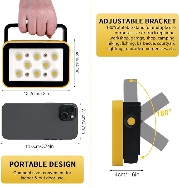 Rechargeable Flood Light with Tripod Hole, Portable COB Work Light Battery Operated, LED Work Lights Waterproof 180° Rotate for Job Site Garage Camping Car Repair, Gifts for Men