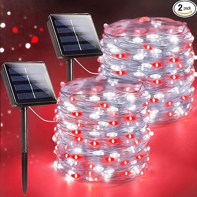 Extra-Long 144FT Solar String Lights for Outside, 2 Pack 400LED Solar Fairy Lights Outdoor, Waterproof Copper Wire with 8 Modes Twinkle Lights for Tree Garden Party Xmas Wedding Decor (Red and White)