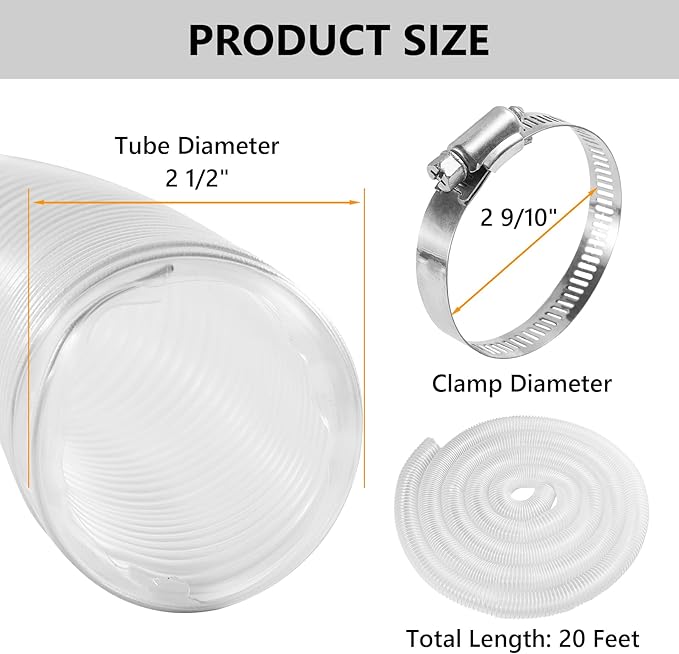 2 1/2" x 20' Clear Dust Collection Hose, PVC Puncture Resistant Fume Collection Hose with 6 Pieces Stainless Steel Clamps, 2.5 Inch Dust Collector for Woods Debris