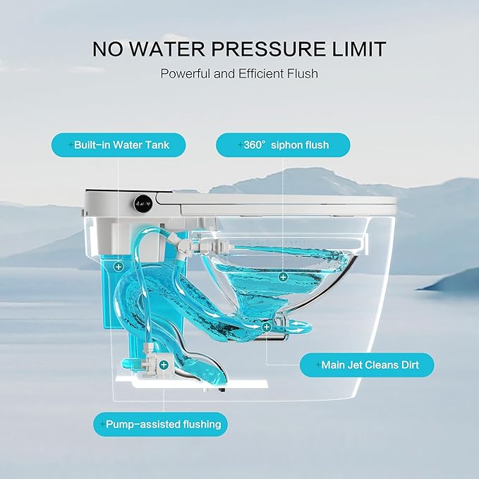 Smart Toilet with Built-In Tank & Pump, Heated Seat, Auto Dual Flush, Warm Bidet & Dryer Function, Foot Sensor, Night Light & LED Display, Wireless Remote, 1.28GPF