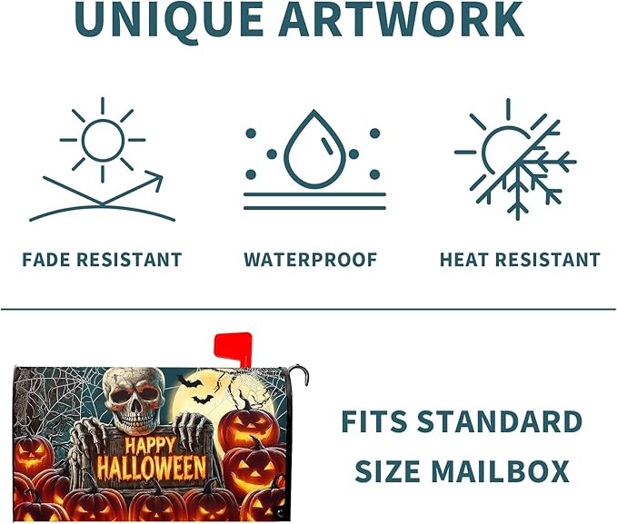 Happy Halloween Skeleton Mailbox Cover Magnetic Large Size 25.5x21 inch Spooky Pumpkin Full Moon Post Letter Box Wrap Happy Holiday Dust-Proof Postbox Covers Protection for Home Outdoor Garden Yard