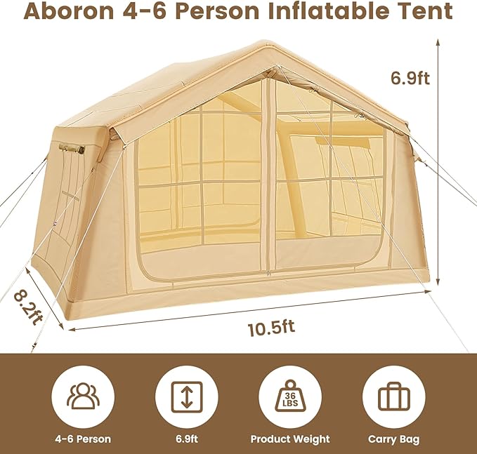 ABORON 2/6/8 Person Inflatable Camping Tent, Easy Setup Blow Up Tent with Hand Pump, PU3000mm Waterproof & Breathable 4 Season Glamping Tent for Outdoor Camping