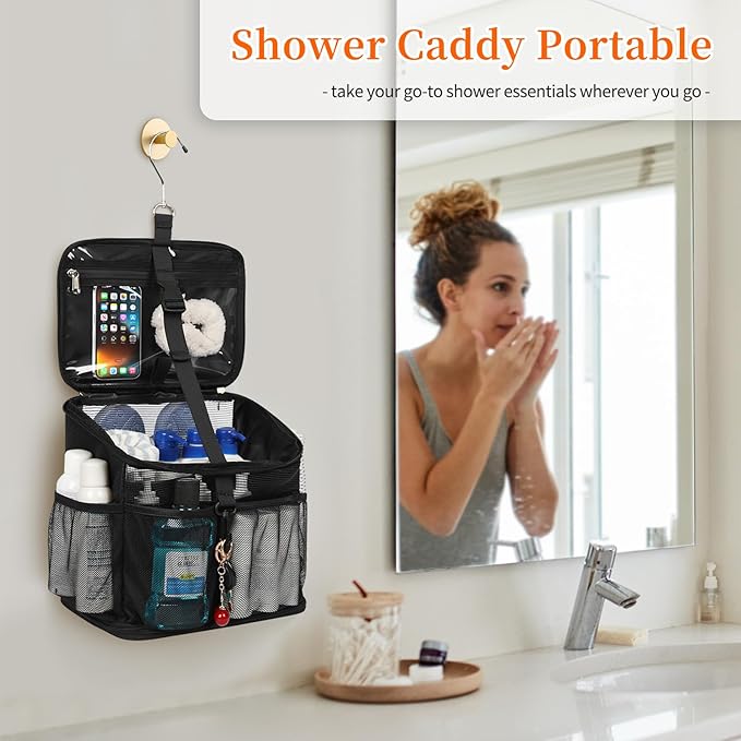 CUBETASTIC Shower Caddy Portable Mesh Shower Tote for Bathroom, Gym, Travel, Camping - Quick Dry Hanging Organizer Toiletry Bag with Handle for College Dorm Room, Men & Women (A# Black, 9.8")
