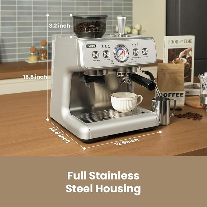 Gevi [2024 Upgraded Dual Boiler Espresso Machine EzBru 2000 | 58mm Grouphead | Barista Level Steam Wand | Built-in Grinder With 31 Size Settings | Full Stainless Steel Housing | Sterling Silver