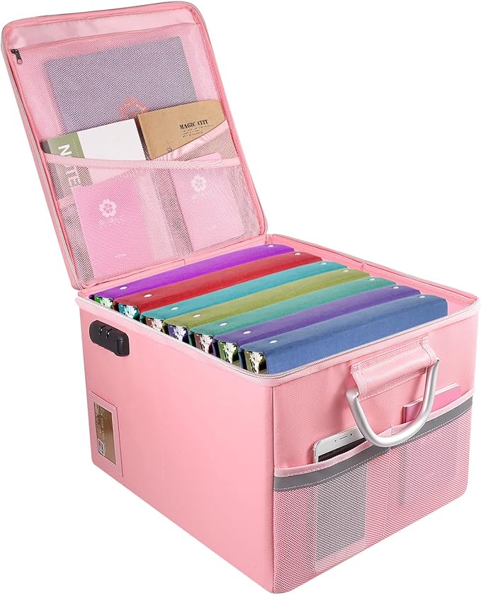 Fireproof Document Box, Fireproof Organizer Safe Box with Lock, Portable Office Storage Cabinet for Hanging Letter/Legal Folder 16.1 x 12.9 x 11in(Pink)