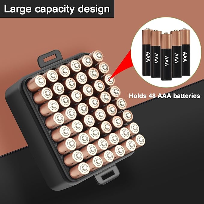 ALCYON Battery Organizer Storage Case, Battery Vault Box Container for 48pcs AAA Batteries, Plastic Clear Protective Battery Holder for Travelling/Home/Office (Black, Small)