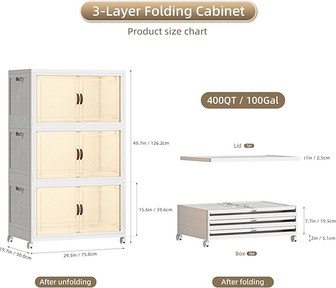 400 QT / 100 Gal Collapsible Storage Bins with Wheels & Magnetic Doors - Stackable Plastic Cabinet Organizer for Home, Garage, Closet (White Space-Saving Containers)