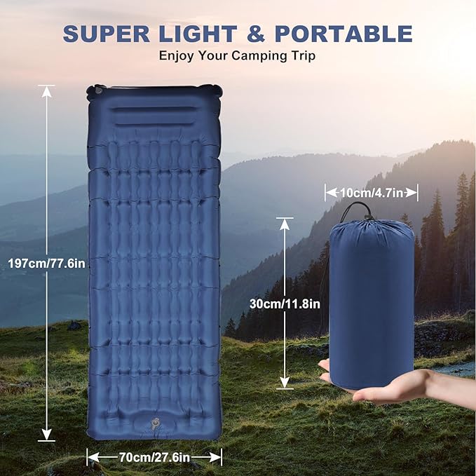 Camping Sleeping Pad with Pillow: Extra Thick 4.7 Inch Ultra-Light Self Inflating Airpad, Most Comfortable Inflatable Sleep Mattress with Foot Pump for Backpacking, Camp, Hiking, Tent (Navy Blue)