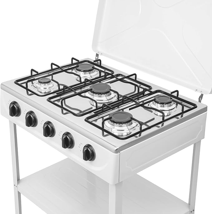 5-Burner Natural Gas Stove, Outdoor Camping Grill Stove, Portable Floor Standing Cooktop Cooker with Storage Stand and Wind Blocking Cover, Manual Ignition for Outdoor RV (White)