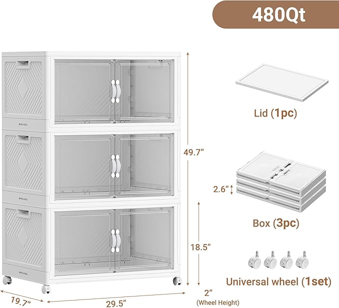 480QT Extra Large Stackable Storage Bins, 120Gal Clear Plastic Closet Organizer Cabinet with Lid and Wheels, Collapsible Latch Boxes Folding Drawer with Door for Home Kitchen, V20 3Pack White