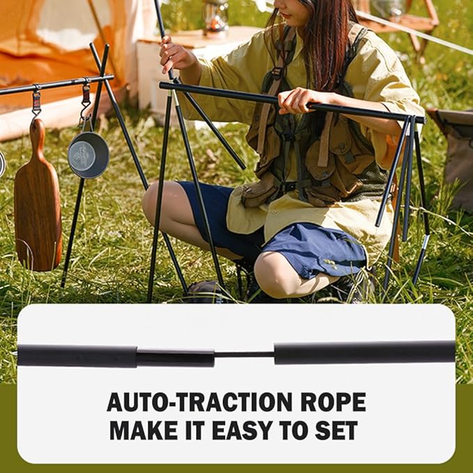 Foldable Tripod Camping Hanging Rack - 4 Hooks Outdoor Cookware Storage Portable, Outdoor Camping Folding Rack