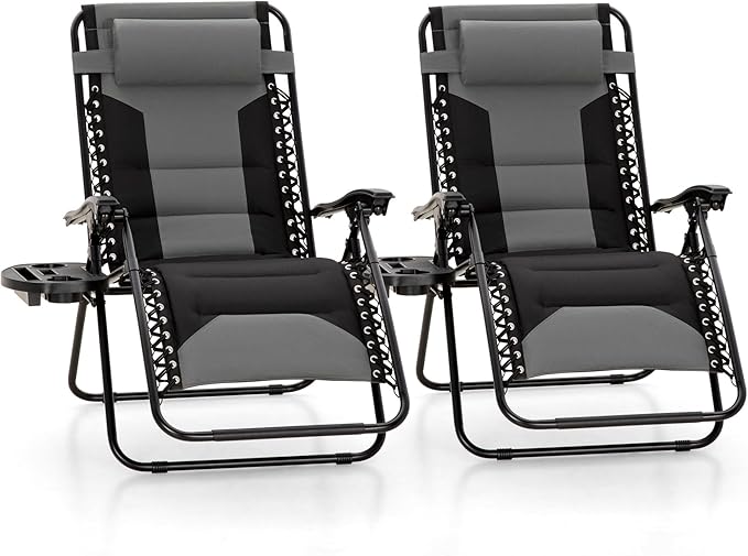 MFSTUDIO Padded Zero Gravity Chair Set of 2, Folding Patio Lounge Recliner with Adjustable Pillows & Cup Holder for Poolside Backyard, Support 400lbs(Grey)