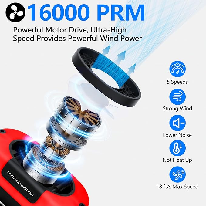 AI Portable Waist Clip Fan, Upgraded 10000mAh Rechargeable Battery Wearable Belt Personal Fan, 16000RPM Powerful 5 Speeds Shirt with Flashlight Neck Hands-Free 40H Cooling (Red)