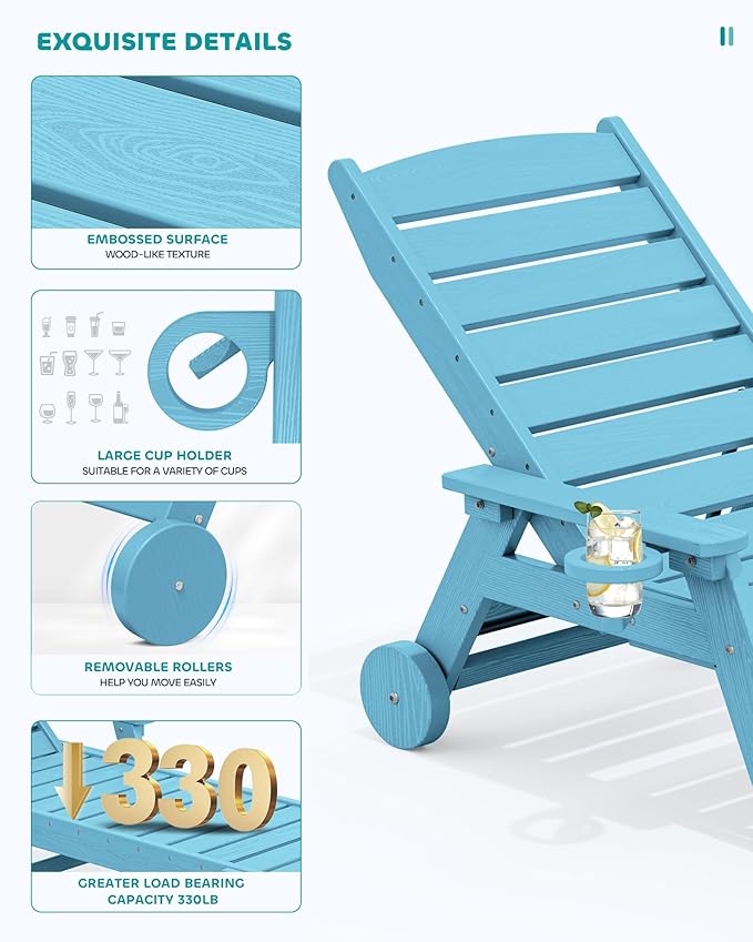 SERWALL Patio Chaise Lounge Chair, 5 Positions Adjustable HDPE Outdoor Lounge Chair, Poly Lounge Chair with Rolling Wheels & Cup Holder, Light Blue