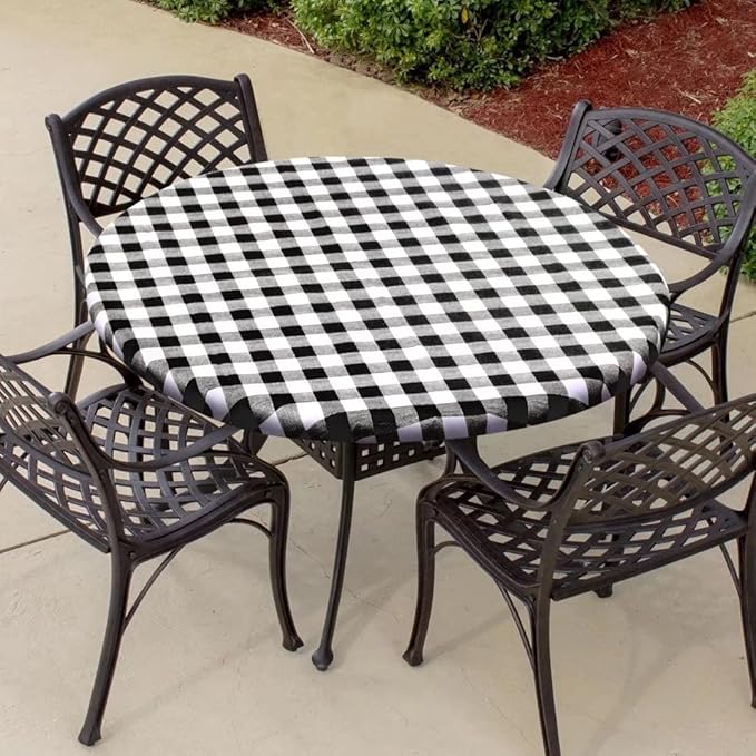 Fitable Vinyl Fitted Round Table Cover with Elastic, Black and White Checkered Tablecloth with Flannel Backing Plaid Table Cloth for Indoor Outdoor Picnic Party (Fit for 45"-56" Round Tables)