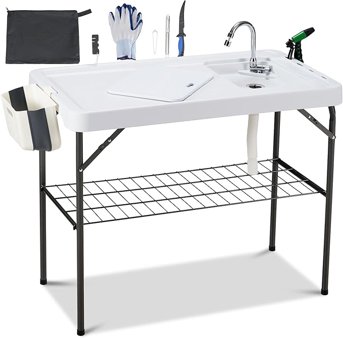 AHB 42" Outdoor Sink Fish Cleaning Table Portable Camping Table with Faucet Hose Hook Up Grid Rack, Fish Fillet Camping Sink Table with 6pc Fish Cleaning Kit for Picnic Beach Patio