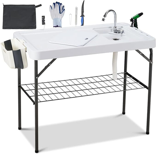 AHB 42" Outdoor Sink Fish Cleaning Table Portable Camping Table with Faucet Hose Hook Up Grid Rack, Fish Fillet Camping Sink Table with 6pc Fish Cleaning Kit for Picnic Beach Patio