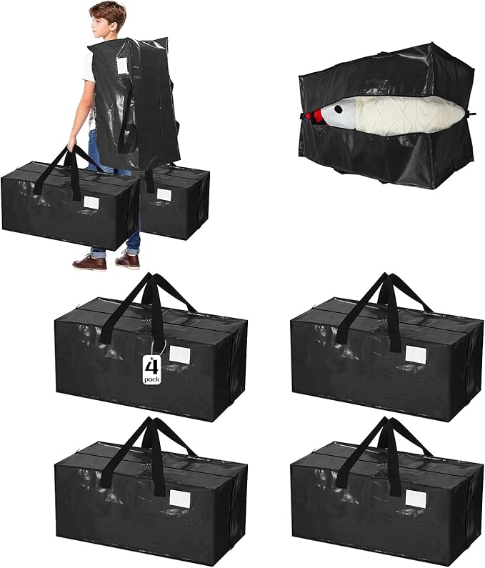 4 Pcs 24 Gallon Large Moving Bags with Zipper and Handles Foldable Storage Duffle Bags Heavy Duty Extra Large Totes for College Dorm Travel Clothes Blankets Bedding Moving (Black)