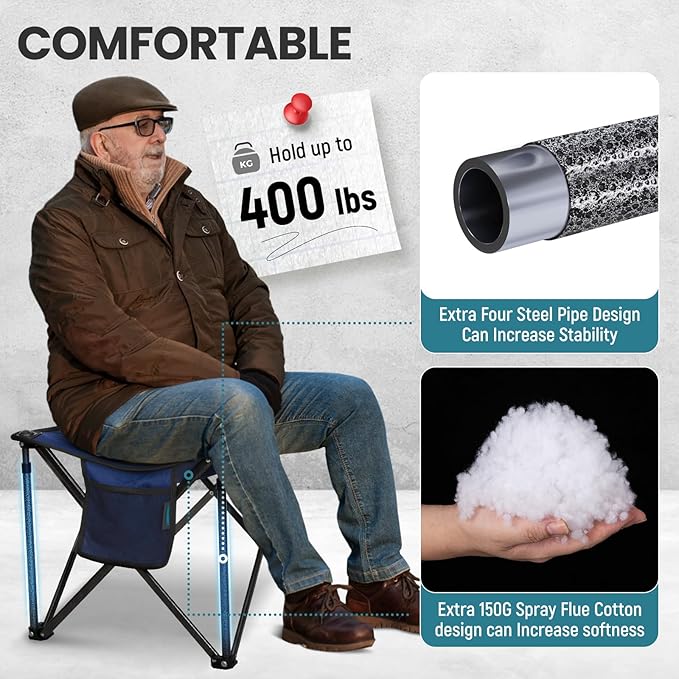 FUNDANGO Folding Camping Stool, 2 Pack 18.1 Inch Oversized Foot Stools 400 Lbs Heavy Duty Portable Padded Seat Anti-Slip Foots & Carry Bag for Fishing Outdoor Lawn Travel (Blue)