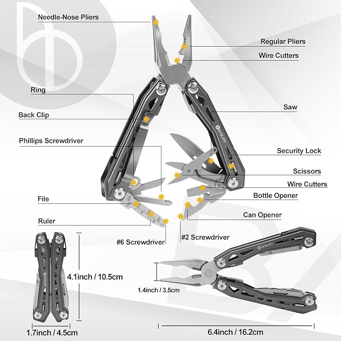 BIBURY Multitools BI2043, 17-in-1 Portable Multitool Foldable Spring-Loaded Pliers with Scissors, Can Opener & Screwdriver, EDC Tools for Camping, Outdoor Activities, Home Repair - Titanium Plating
