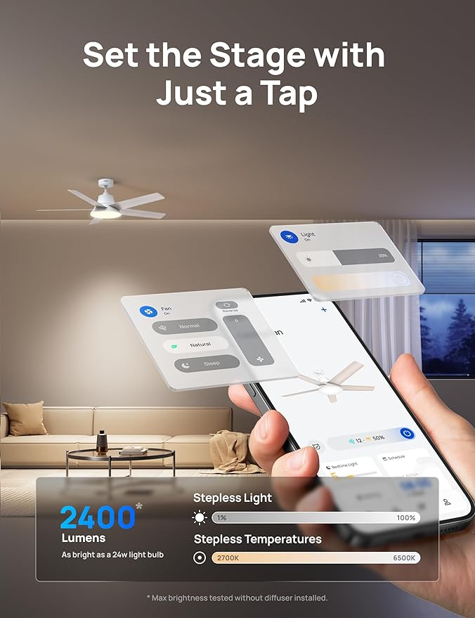 Dreo Smart Ceiling Fan with Lights, 52 Inch, 12 Speeds & 3 Fan Modes, Stepless Color Tones, Dimmable LED Light, 12H Timer, Quiet DC Motor, Remote/APP/Alexa Control, White Ceiling Fans Indoor