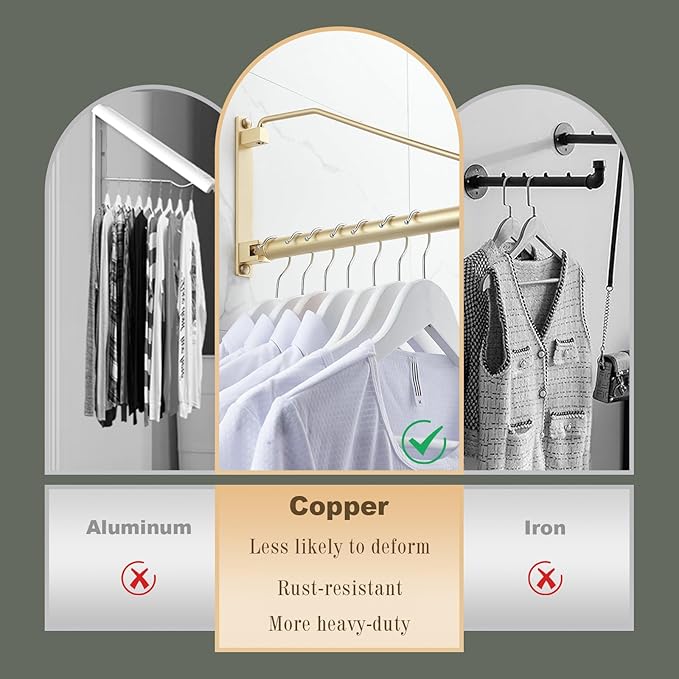 Folding Wall Mounted Clothes Hanger Rack Clothes Hook Solid Brass with Swing Arm Holder Clothing Hanging System Closet Storage Organizer Heavy Duty Drying Rack Wall Mount,Brushed Gold