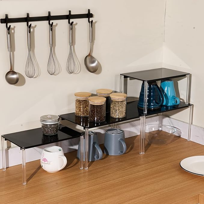 4 Pack Stackable & Expandable Acrylic Spice Rack, Black Shelf Riser for Kitchen Cabinet, Pantry, Countertop, Bathroom & Office Storage
