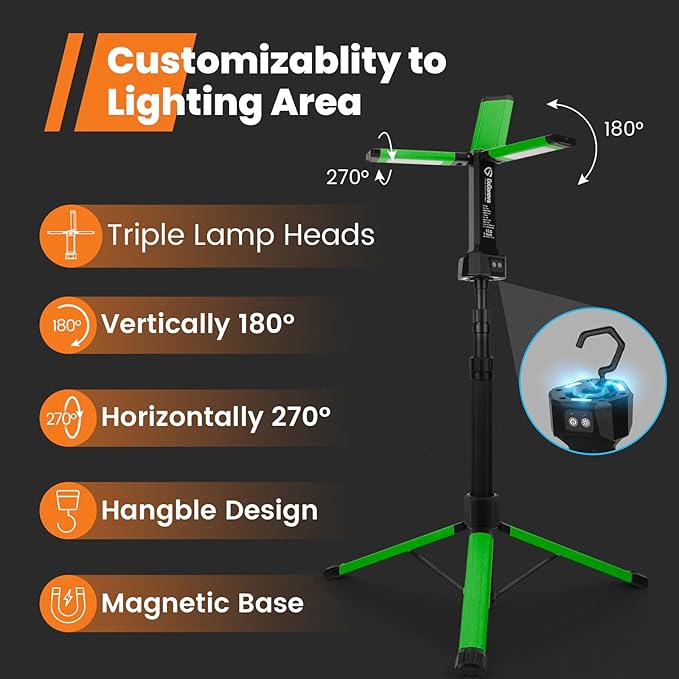 Rechargeable Work Light with Stand, GoGonova Cordless Work Light with Triple LED Lamps, 8AH Battery, 700/1200/2200 Lumen, 4000/6500K Dimmable Camping Light with Detachable Tripod (Green)