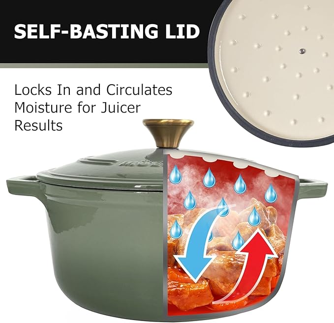 MÜELLERHOME 4.5 Quart Enameled Cast Iron Dutch Oven For Sourdough Bread Baking, Heavy-Duty, Oven-Safe up to 500° F & Across All Cooktops, Casserole Dishes, Green Kitchen Accessories, Thyme Green