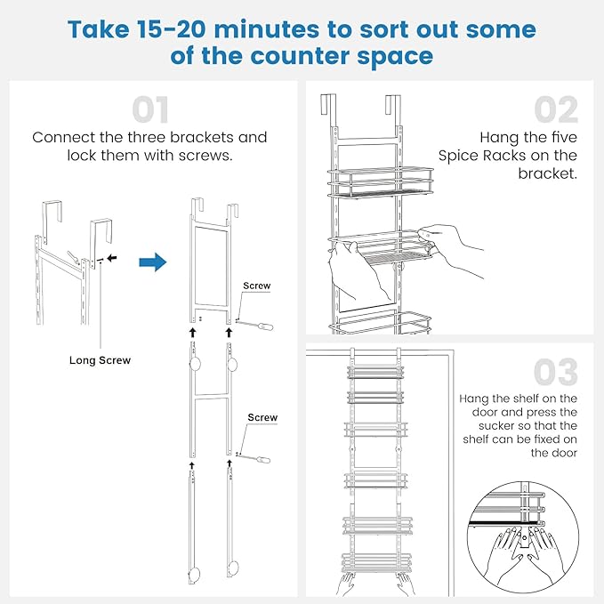 Adjustable 6-Tier Over the Door Pantry Organizer, Spice Rack, Narrow Hanging Shelf for Kitchen Storage and Organization