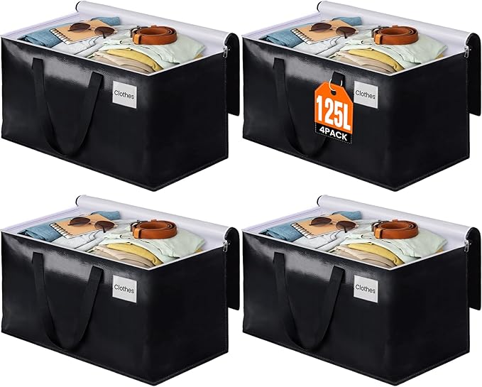 BlissTotes Moving Bags, Heavy Duty Moving Boxes with Zippers Top and Sturdy Handles, Storage Bags for Space Saving and Packing, Collapsible Moving Supplies, Storage Totes (125L, 4-Pack, Black)