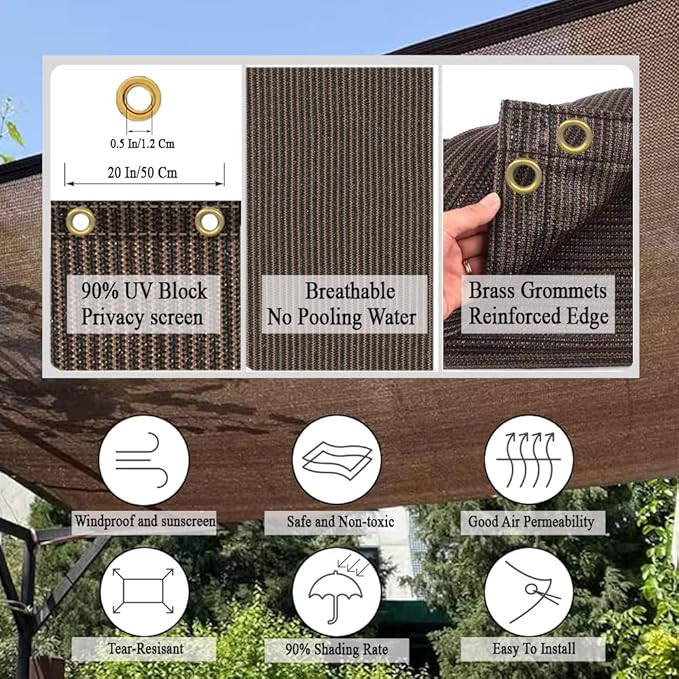 90% Sun Shade Cloth for Patio, 8x20 Ft Breathable Sunshade Fabric for Garden, UV Resisant & Privacy Protection Shade Screen for Pergola, Backyard, Deck, Pool, Balcony, Mocha