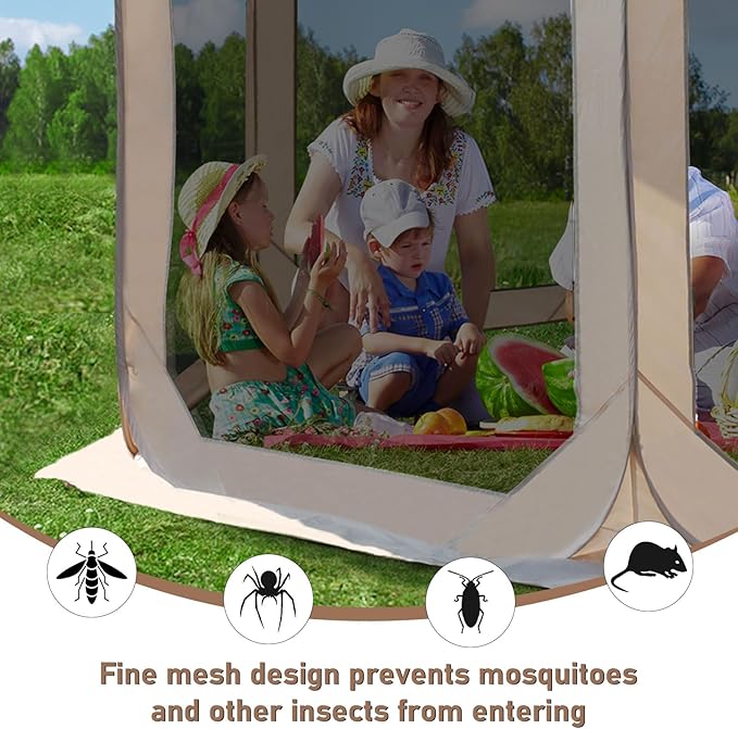 Pop-Up Screen House Tent, 10x10 Feet Outdoor Gazebo with Carry Bag, Stakes, Wind Ropes, Sand Bags, Portable Mosquito Net Canopy with UV Protection & Ventilation for Camping, Patio, Backyard, Garden