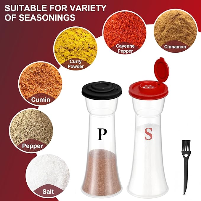 Set of 2 Clear Salt and Pepper Shakers, Plastic Spice Jars with Colorful Lids, Leakproof Moisture-Proof for Home Kitchen Restaurant, Camping, Travel, Picnic (Black Red)