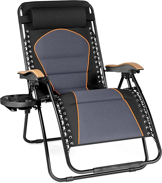 PHI VILLA XXL Oversized Padded Zero Gravity Chair, Foldable Patio Recliner, 30" Wide Seat Anti Gravity Lounger with Cup Holder, Support 400 LBS (Black & Orange Accents)