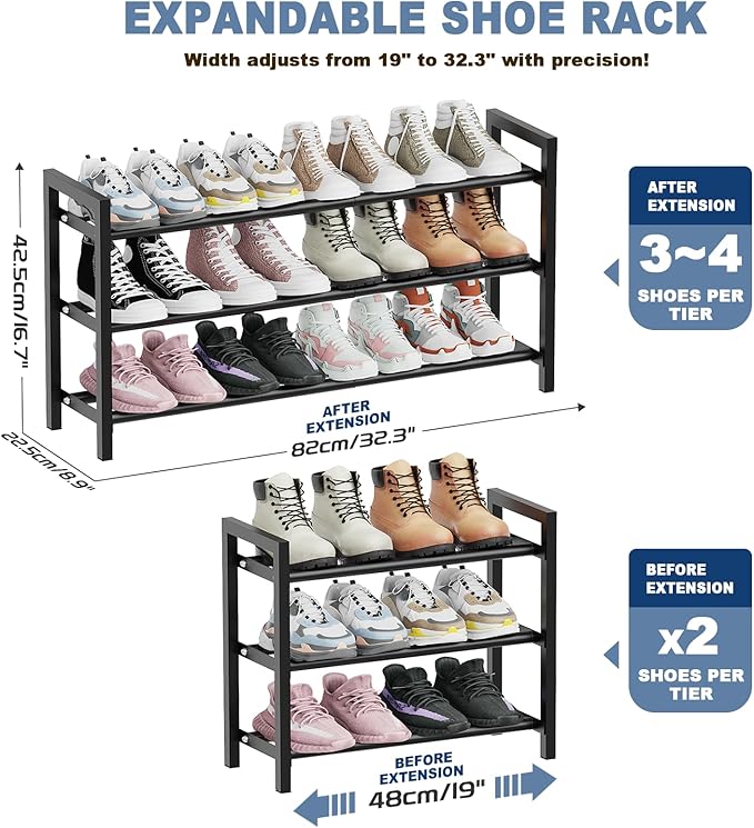Mavivegue Expandable Shoe Rack for Closet, 3-Tier Shoe Organizer, Adjustable Shoe Rack for Front Door Entrance, Entryway