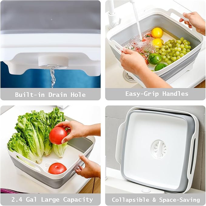 2 Packs Collapsible Dish Basin 2.4Gal Bottle Washing Basin Collapsible Wash Basin for Baby Bottles Portable Camping Sink with Drain Plug Plastic Space-Saving Dish Tub for RV Kitchen Beverage Tub