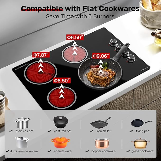 ThermoMate 30 Inch Electric Cooktop, 4 Burners Knob Control Built-in Ceramic Cooktop, 30" Radiant Electric Stove Top of 6700W with 9 Heat Levels, Hot Surface Indicator, 220-240v, Hard Wired