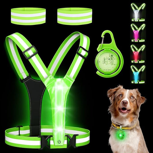 LED Reflective Vest Safety Gear, High Visibility Reflective Running Gear for Dog Walking Running Cycling, Adjustable for Men Women Kids - Reflective Armband and Dog Light with USB Rechargeable