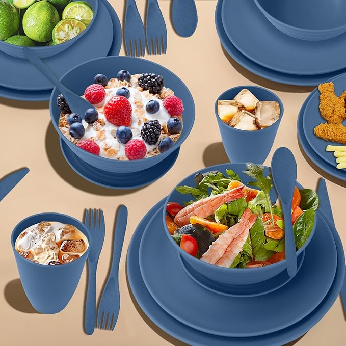 64-Piece Service for 8 Dinnerware Set - Unbreakable Wheat Straw Dinnerware sets of 64 - Dinner plates/Snack plates/Cereal bowls/Drinking Cups/Cutlery for Outdoor camping and indoors.Blue