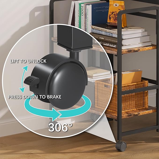 4NM 2 Tiers No-Assembly Folding Bookshelf with Wheels, Portable Rolling Storage Foldable Bookcase & Compact Side Table for Living Room, Bedroom, Kitchen, Bathroom (Rustic Brown and Black)