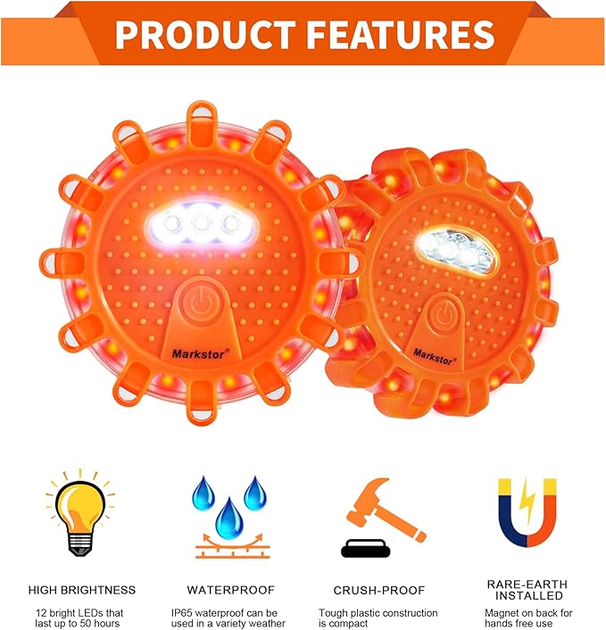 6 Pack LED Road Flare Emergency Car Kit With 9 Blinking Modes,Amber Roadside Safety Flare Discs Warning Light For Car & Truck With Magnetic&Hook (Battery Not Included)