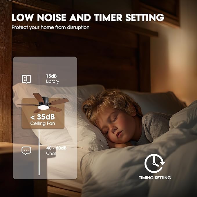 Ceiling Fans with Lights, 44" Low Profile Ceiling Fan with Light Remote Control, 6 Speed 35dB Ultra Quiet Smart Ceiling Fan with Reversible DC Motor, Dimmable 3CCT LED for Bedroom/Living Room (Black)