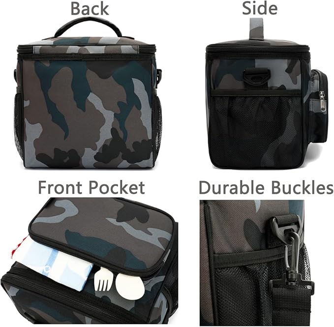 FlowFly Insulated Reusable Lunch Bag Adult Large Lunch Box for Women and Men with Adjustable Shoulder Strap,Front Zipper Pocket and Dual Large Mesh Side Pockets,BlackCamo