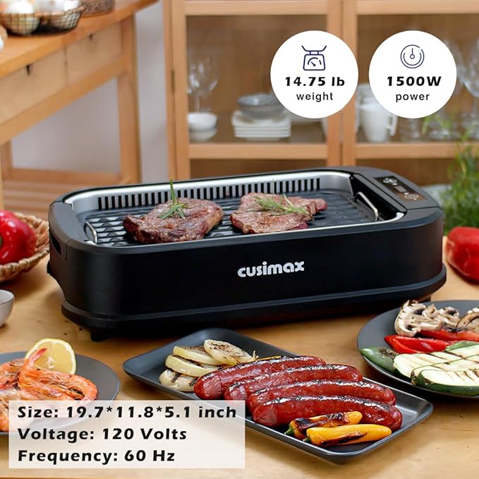 Smokeless Grill Indoor, CUSIMAX Electric Grill, 1500W Portable Korean BBQ Grill with LED Smart Display & Tempered Glass Lid, Non-stick Removable Plate, Dishwasher Safe, Black