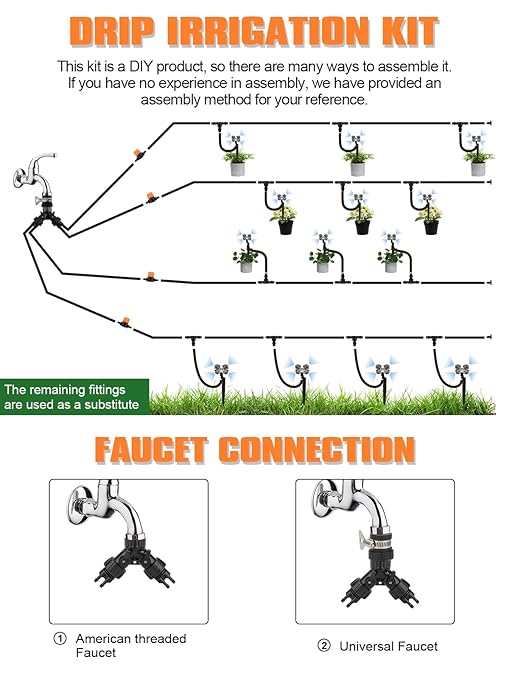164FT Automatic Drip Irrigation Kit, Kalolary Micro Garden Watering System with 1/4" Distribution Tube Adjustable Sprinkler Equipment 4/7 Misting Nozzle Emitters Barbed Fittings for Greenhouse Patio