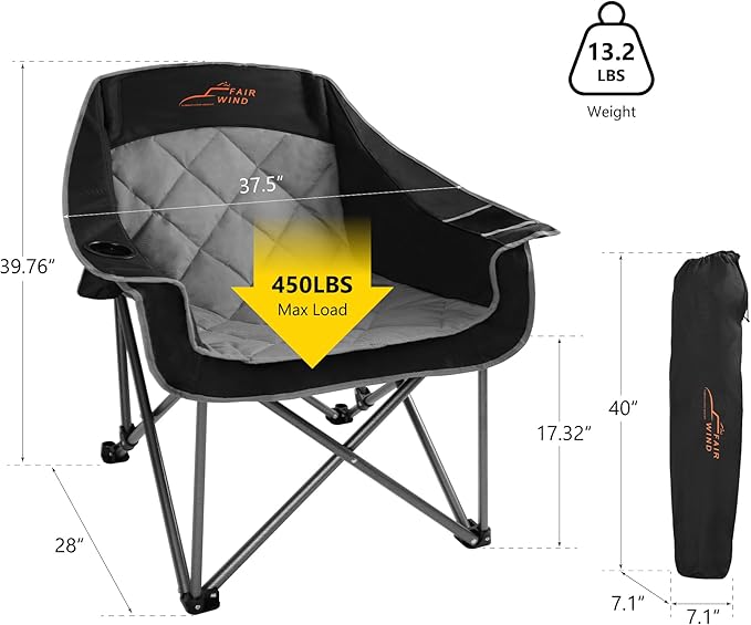 FAIR WIND Oversized Padded Camping Chair Heavy Duty Quad Fold Arm Chair Portable for Outdoor - Support 450LBS, Black