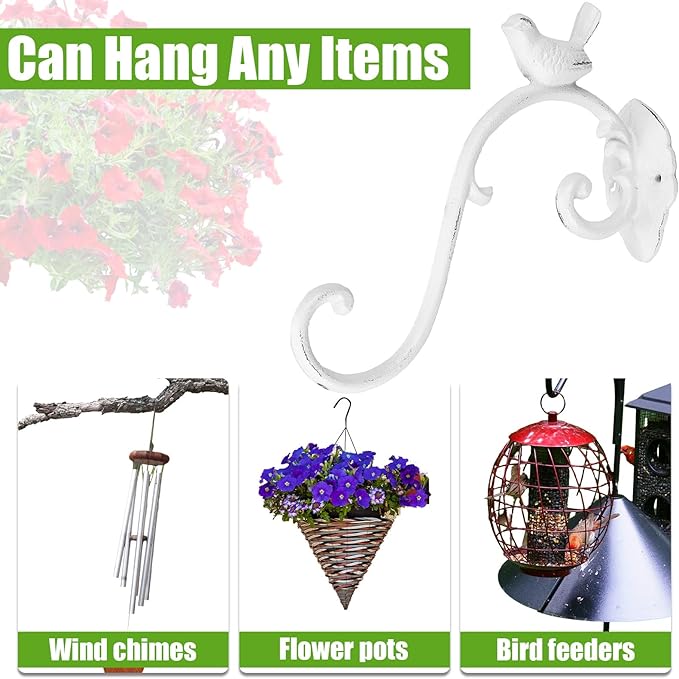 Moxweyeni 2 Pcs Cast Iron Plant Hangers Outdoor 10" Heavy Duty Hanging Basket Brackets Lovely Bird Shape Decorative Wall Hangers for Flower Pots Bird Feeder Wind Chime Lantern(White)